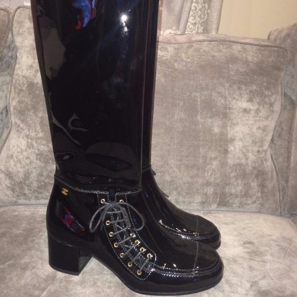 CHANEL 15A Patent Calf Leather Knee High Tall Lace Up Boots Shoes - Picture 9 of 16